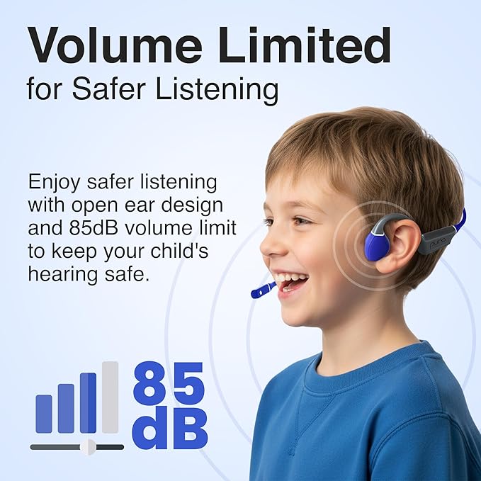 Puro Sound Labs PuroFlex Kids Bone Conduction Headphones – Bluetooth 5.3 Wireless, Volume Limited with Built-in Mic, Ideal for School, Running & Sports, IPX5 Waterproof Kids Open Ear Headphones, Blue