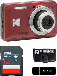 Kodak PIXPRO FZ55 Red 16MP Digital Camera 5X Optical Zoom 28mm Wide Angle 1080P Full HD Video 2.7" LCD Camera + 64GB Card and Reader + Memory Wallet
