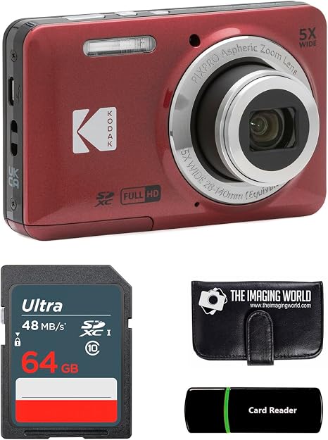 Kodak PIXPRO FZ55 Red 16MP Digital Camera 5X Optical Zoom 28mm Wide Angle 1080P Full HD Video 2.7" LCD Camera + 64GB Card and Reader + Memory Wallet