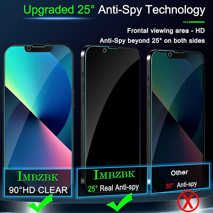 IMBZBK [Auto-Dust Removal] 3 Pack Privacy Screen Protector for iPhone 13 Anti Spy Private Accessories, Case Friendly Film, Military Grade Tempered Glass 3 Camera Lens Protector