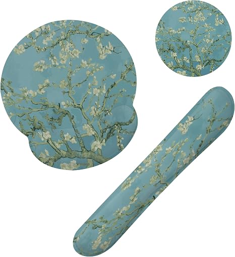 Blossoming Almond Tree Keyboard Wrist Rest Pad and Mouse Pad Wrist Support Set,White Flower 3-in-1 Ergonomic Mouse Pad with Non-Slip Rubber Base for Home Office Game Computers Desk,