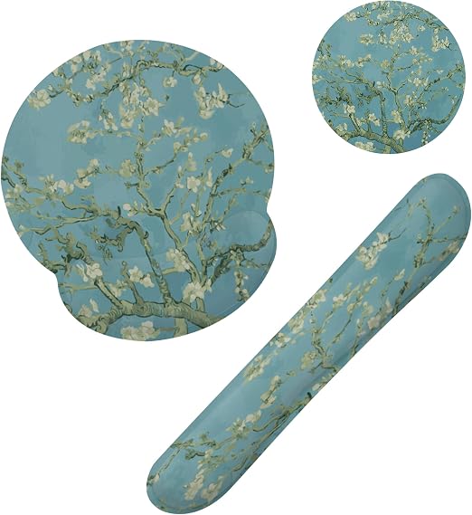 Blossoming Almond Tree Keyboard Wrist Rest Pad and Mouse Pad Wrist Support Set,White Flower 3-in-1 Ergonomic Mouse Pad with Non-Slip Rubber Base for Home Office Game Computers Desk,