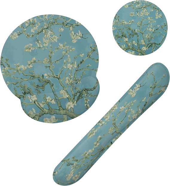 Blossoming Almond Tree Keyboard Wrist Rest Pad and Mouse Pad Wrist Support Set,White Flower 3-in-1 Ergonomic Mouse Pad with Non-Slip Rubber Base for Home Office Game Computers Desk,
