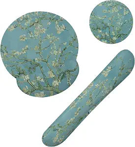 Blossoming Almond Tree Keyboard Wrist Rest Pad and Mouse Pad Wrist Support Set,White Flower 3-in-1 Ergonomic Mouse Pad with Non-Slip Rubber Base for Home Office Game Computers Desk,