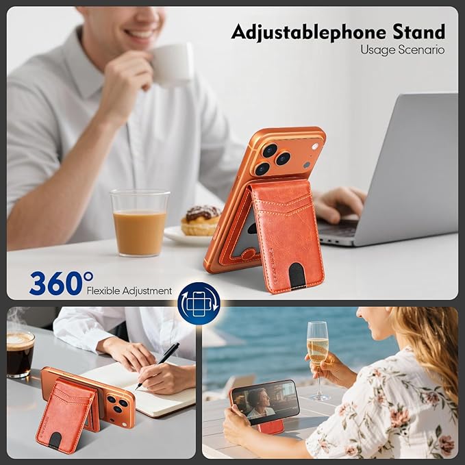 Compatible with Magsafe Case with Card Holder for Men Women Magnetic Ultra-Thin Wallet Bracket Adjustable Bracket for iPhone 17/16/15/14/13/12 Pro/Pro Max/PlusSeries,Orange