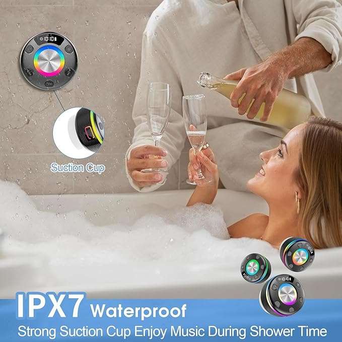 OYIB Bluetooth Shower Speaker, Portable Bluetooth Speaker 360° HD Sound, RGB Lights, IPX7 Waterproof Wireless Speaker with Suction Cup and Mic, Shower Radio for Party/Outdoor/Travel/Gifts/Black