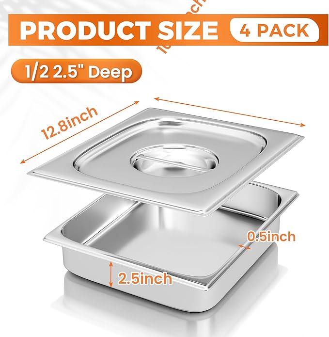 4 Pack Hotel Pans with Lids 1/2 Size 2.5" Deep, Stainless Steel Steam Table Pan with Lid, Commercial Metal Buffet Food Storage Container, Anti-Jam Design, for Restaurant, Kitchen, Party, Home