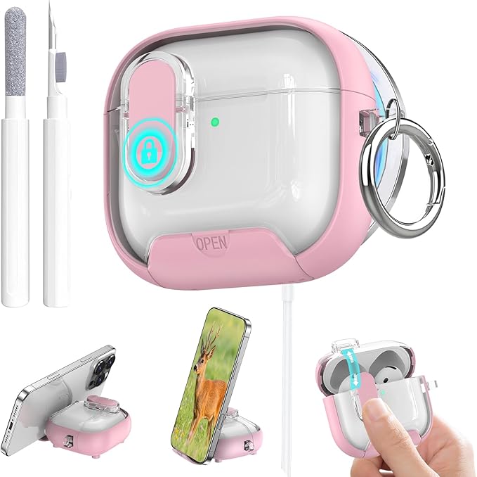 for Airpods 4 Case Clear,Secure Lock for Airpods 4th Generation Case Cover with Phone Stand and Magsafe Function,Auto Pop-up,Hybrid Protection Design with Carabiner&Cleaning Pen-Pink
