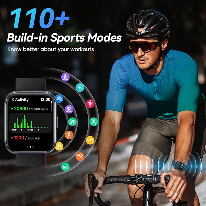 Smart Watches for Men Android & iPhone, 1.8" Alexa Built-in Smartwatches Fitness Tracker Watch with Bluetooth Calls, IP68 Waterproof, Heart Rate/Sleep/SpO2 Monitor, 110 Sport Modes - Black
