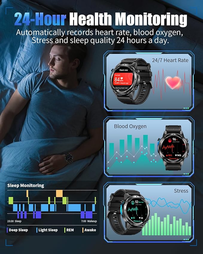 Military Smart Watch for Men with GPS, 5ATM Waterproof, 700mAh Long Battery, 1.43'' AMOLED Display, Health & Sleep Tracking, Bluetooth Calling, Compatible with Android/iPhone