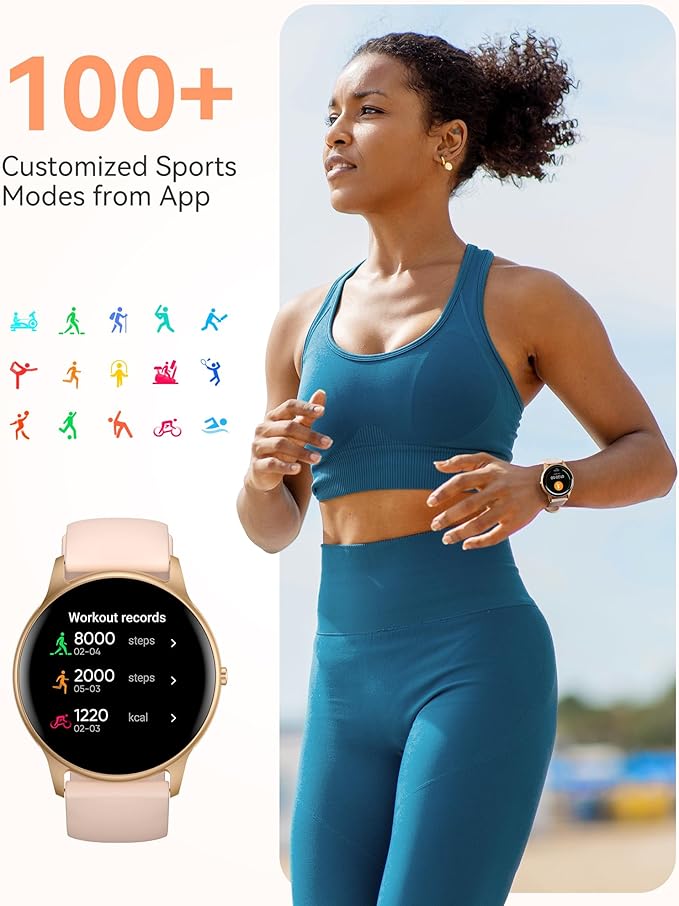 AGPTEK Smart Watch for Women Men, 5ATM Waterproof Fitness Tracker Watch, Full Touch Sports Smartwatch with Heart Rate Monitor Message Notification for Android iOS Phones (Rose Gold)