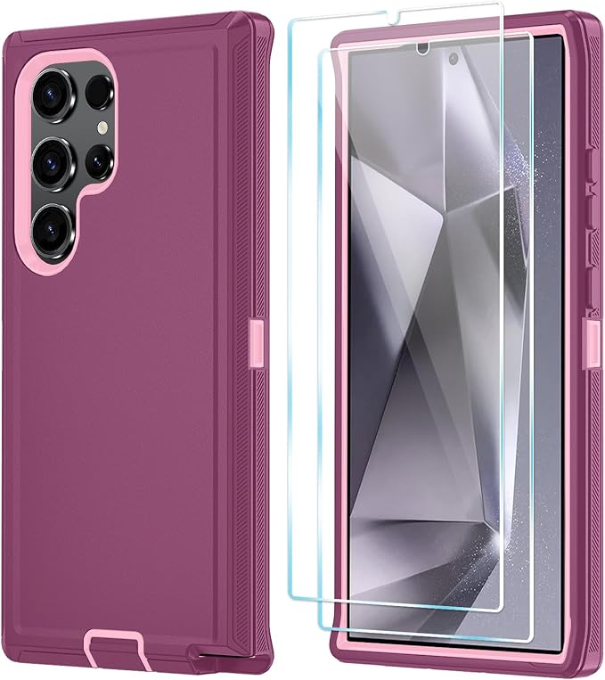 ONOLA Compatible with Samsung Galaxy S24 Ultra Case with HD Screen Protector, Heavy Duty Shockproof & Dropproof 3-Layer Cover Phone Case,WineRedPink