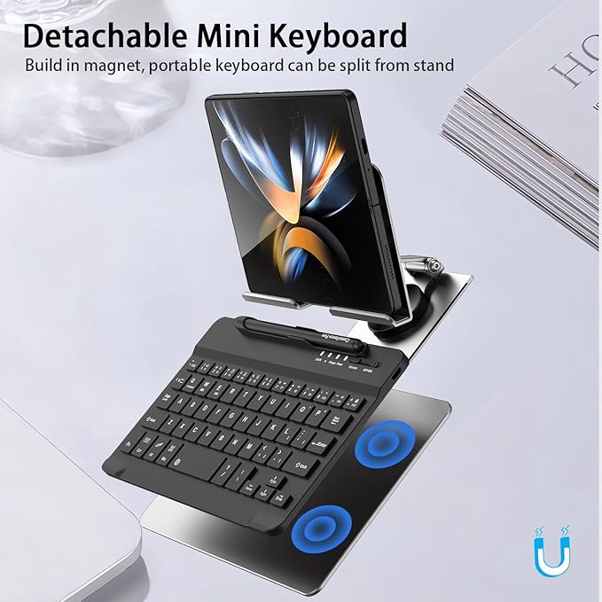 for Samsung Galaxy Z Fold 7 6 5 4 Trifold Stand and Keyboard Mouse, Portable Mini Bluetooth Keyboard, Foldable Adjustable Aluminum Alloy Stand Holder for Desk, with Wireless Mouse and Pen