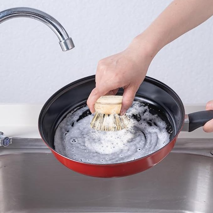 Bamboo Dish Scrubber 4 Replacement Heads, Natural Dish Scrub Brush Sustainable & Biodegradable, Bamboo Dish Brush with Handle for Cleaning Cast Iron Pan/Pot(Hard Bristles)