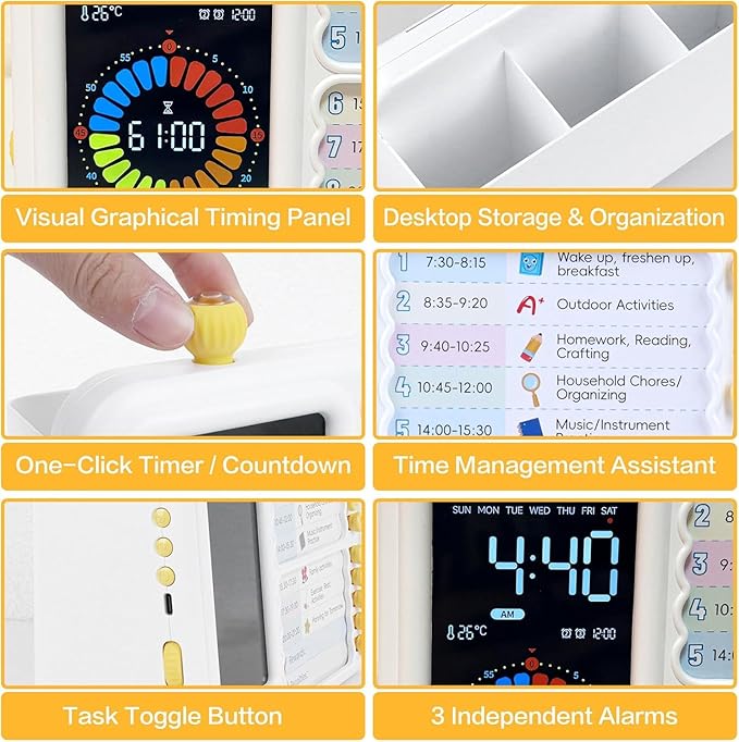 Electronic Visual Timer with Planning Board Pen Holder for Kids - 99 Mins Countdown Timer, Dry Erase Task Board, Daily Schedule & Chore Chart - Time Management & Goal Setting Tool for Home, Classroom