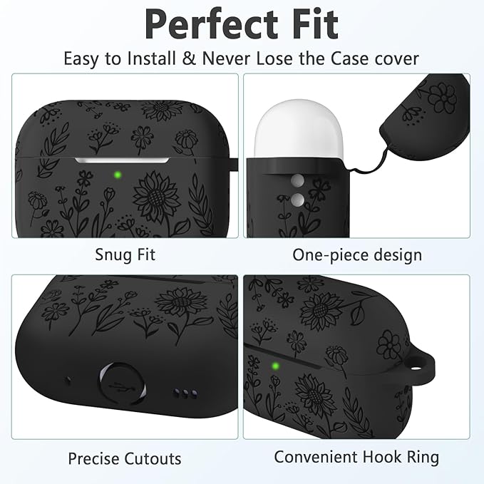 Hamile for AirPods Pro 2nd Generation Case with Cleaner Kit & Keychain, Flower Engraved Soft Silicone Protective AirPods Pro Case Cover for Apple AirPods Pro Case 2nd/1st Gen,Front LED Visible,Black