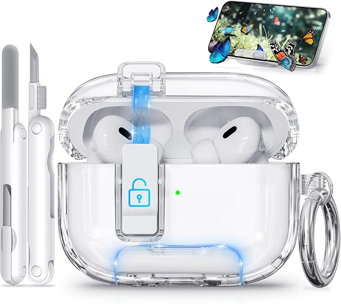 for AirPods Pro 2 Case with Phone Stand & Secure Lock, Auto-Open Clear Cover Compatible with Apple AirPods Pro 2nd/1st Gen (2023,2022,2019) with Cleaning Kit & Keychain (Clear White)