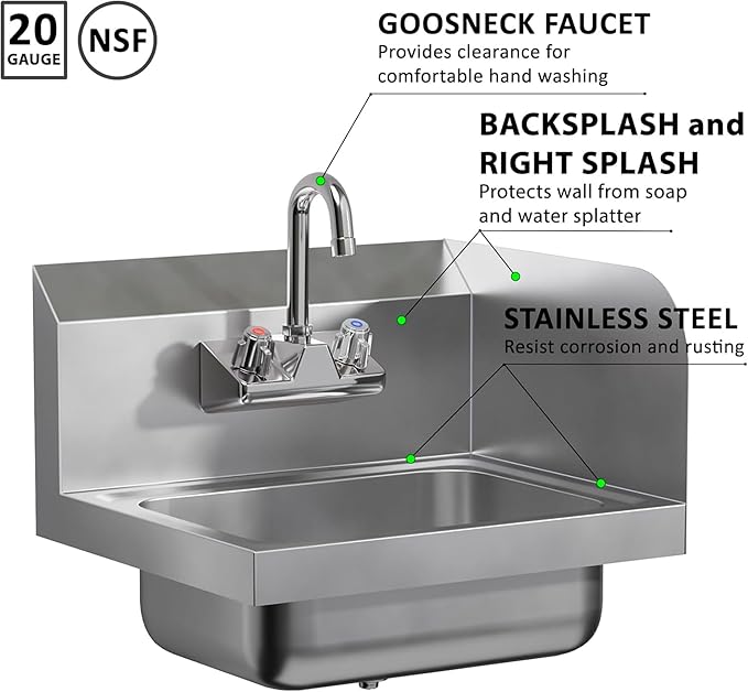 Stainless Steel Hand Sink with Right Side Splash Guard 15” x 17” | Commercial Wall Mount Hand Basin with Gooseneck Faucet, Strainer, Back Splash | NSF Certified