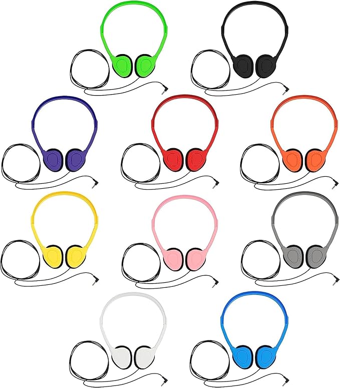 Maeline Bulk 10 Pack Classroom Headphones Wired Stereo Headsets, Flexible, Adjustable Headband for Kids School, Library, Museums, Airplane, Family, Travel - 3.5mm Plug - Multicolor