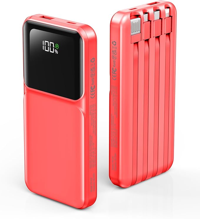 Portable Charger with Built in Cable - Power Bank Fast Charging USB C LED Display 10000mah Battery Pack 5 Outputs & 3 Inputs for Travel Essentials iPhone Samsung Android Phones Tablets Red