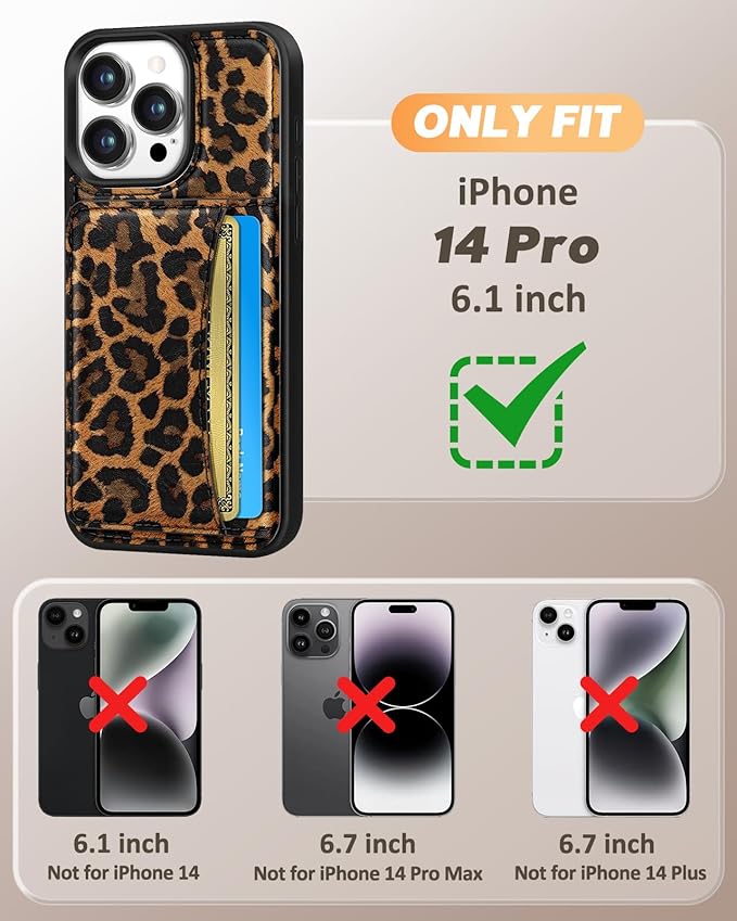for iPhone 14 Pro Case with Wallet - Fits 4 Card Slots, Compatible with MagSafe for Women Aesthetic Durable PU Leather Credit Card Holder Kickstand Phone Cover for Apple 14 Pro, Leopard