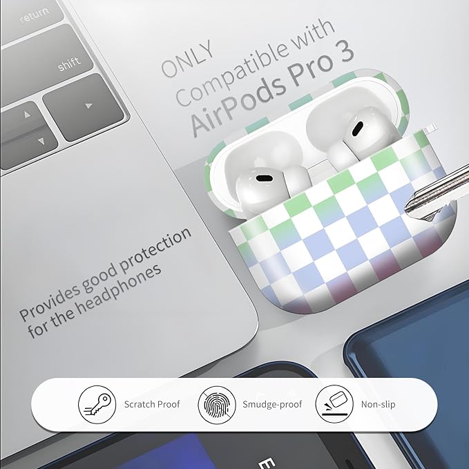 Compatible with AirPods Pro 3rd Generation 2025 Case Cover with Gold Keychain - Cute Protective Hard AirPod Pro 3 Cases for Women - Colorful Checkerboard