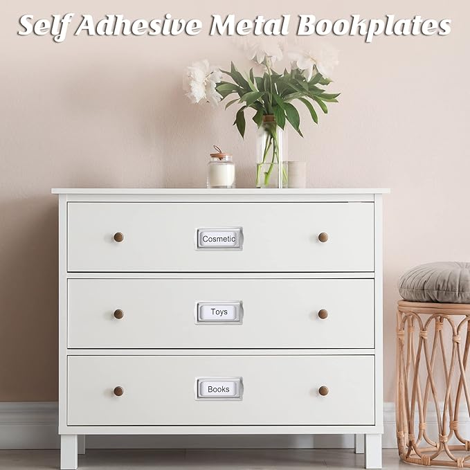 12 Pcs Self Adhesive Metal Bookplates for Books Card Horizontal Clip Label Holders Metal Drawer Tag Silver Label Plate for Office Library Book File Cabinet Drawer Tag Teacher School Classroom