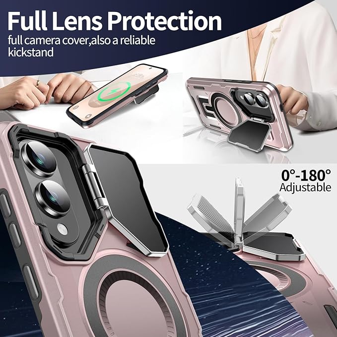 Camera Stand Case for Galaxy S25 Edge, [Compatible with MagSafe][Lens Cover] 2025 Version Military Grade Protective Soft Case for Samsung Galaxy S25 Edge 6.7" Men Women, Pink