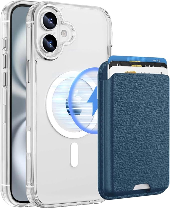 Magnetic for iPhone 16 Clear Case with Blue Detachable Wallet, Compatible with MagSafe, Credit Card Holder with Slim Shockproof Protective Phone Cover