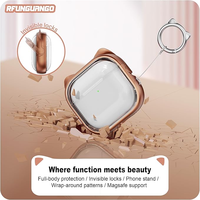 RFUNGUANGO AirPods 4 Case for Women Girly Cat Case with Lock, Phone Stand,Keychain & Cleaner Kit, Compatible with Apple Airpods 4th Generation Case Cover, Transparent Gold