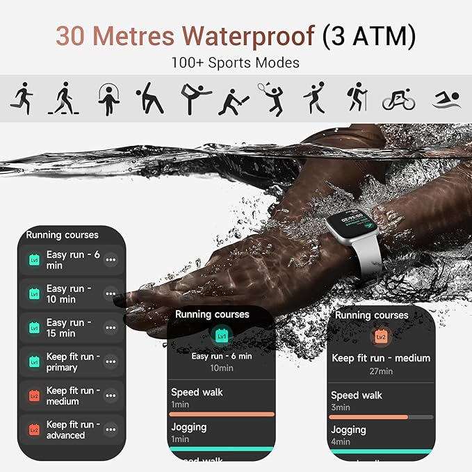 Tensky Smart Watch for Men/Women iPhone & Android, 1.85" AMOLED Screen Fitness Tracker with Bluetooth Call, 3ATM Waterproof 24/7 Heart Rate/Sleep/SpO2 Monitor, Pedometer, 100+ Sport Modes, White