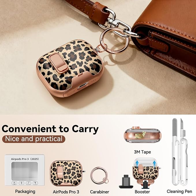 for AirPods Pro 3 Case 2025, with Safty Lock & Phone Stand for Floral AirPods Pro 3 Generation Case Cover for Women Girly, iPod Pro 3 Case with Keychain & Cleaner Kit - Leopard Print