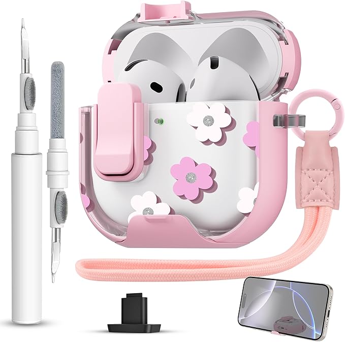 for AirPods 4 Case with Secure Lock Clip in Phone Stand,Floral Girly Style Protective Cover with Cleaning Kit and Hand Strap for Apple AirPod 4 Generation (Pink Petals)