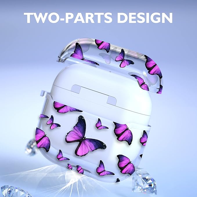 Maxjoy for AirPods 3 Case, Clear AirPod 3rd Generation Case for Women Men Cute Soft Protective AirPods 3 Cover with Keychain for AirPod 3rd Generation Charging Cover 2021, Butterfly Purple