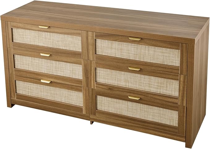 VEVOR Large Dresser for Bedroom, 57" Wide Rattan Dresser 6 Drawer, Wooden Modern Dressers Chest of Drawers with Metal Handle, Clothes Closet Storage Organizer Boho TV Stand for Living Room, Walnut Oak