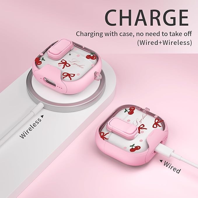 for AirPods 4 Case with Secure Lock Clip in Phone Stand,Floral Girly Style Protective Cover with Cleaning Kit and Hand Strap for Apple AirPod 4 Generation (Pink Bow)