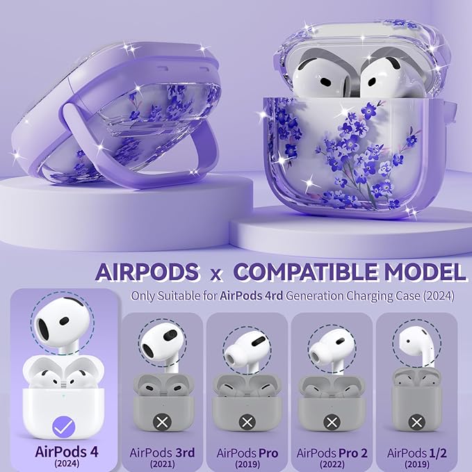 Inesore with Safety Lock for AirPods 4 Case,Clear Floral Cute AirPod 4th Generation Case for Women Girly with Cleaner Kit and Keychain- Purple Bell Flower