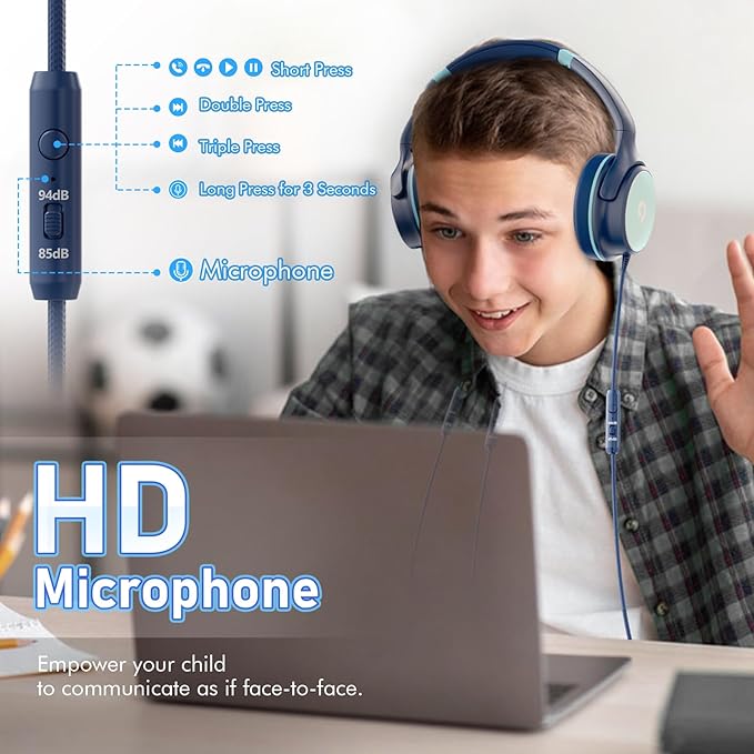 Kids Headphones with Safe 85dB/94dB Volume Limiter for Child/Teens, Foldable HD Stereo Sound Headset for Kindle Kids/fire Tablet/iPad/Laptop, Headphones with Microphone