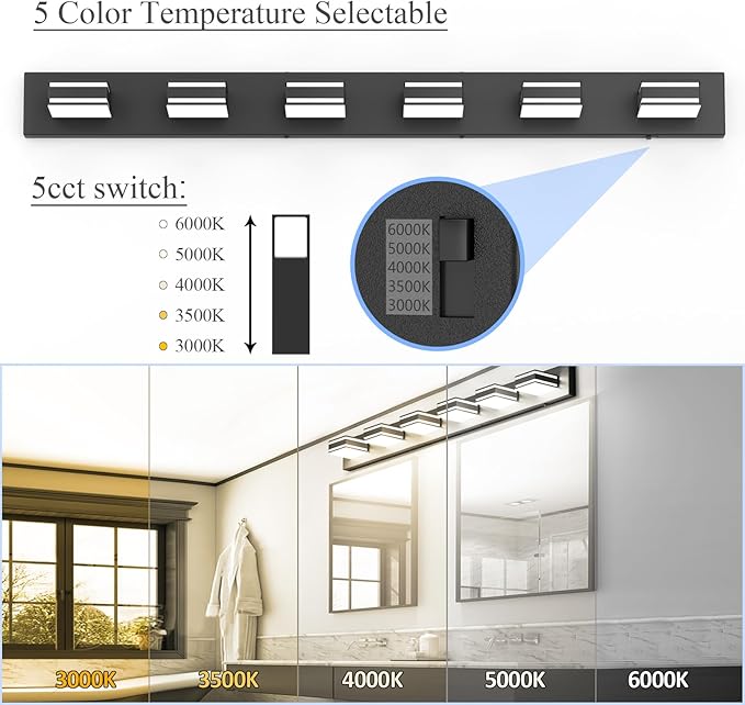 Ralbay 48inch Black Bathroom Vanity Light with 5 Color Temperatures (3000K-6000K) Dimmable Metal Acrylic Modern LED Matte Black Bathroom Lighting Over Mirror (6-Light)