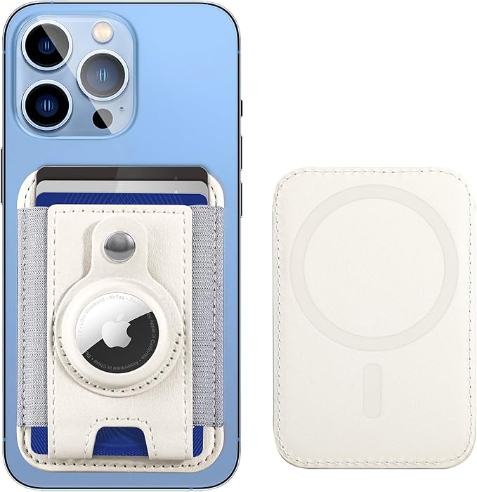 Miroddi for MagSafe Wallet with AirTag Holder, Magnetic Wallet Card Holder for Back of iPhone 15/14/13/12 Series, AirTag MagSafe Leather Wallet, Hold Up to 7 Cards, RFID Blocking Protection, White