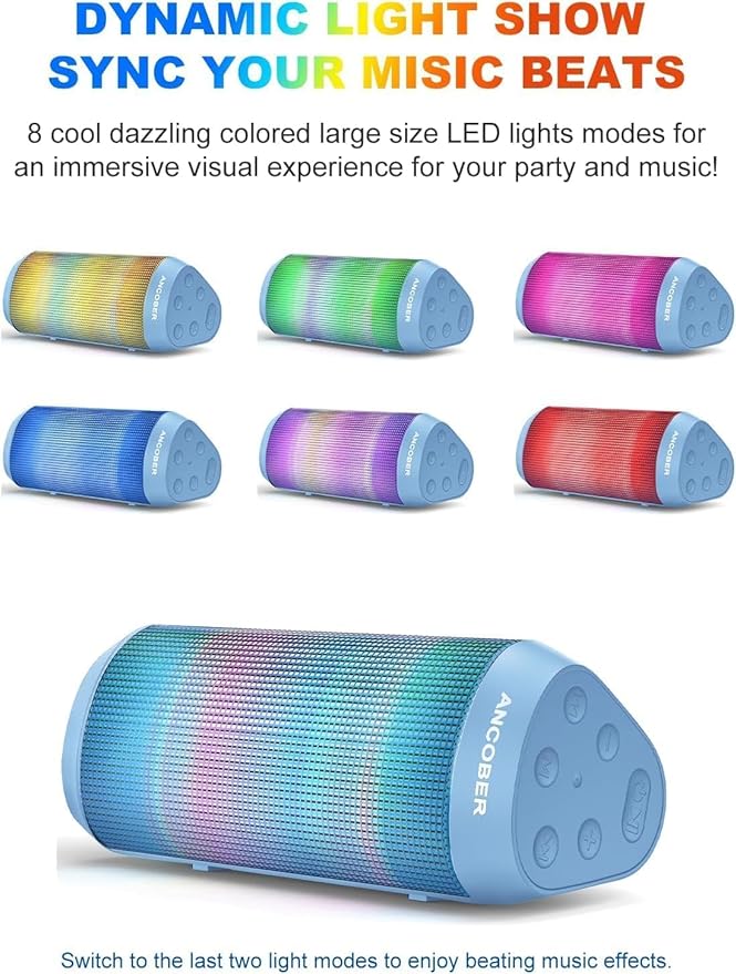 Bluetooth Speaker, Portable Wireless Speaker with HD Stereo Loud Sound, LED Lights, IPX4 Wateproof, 24H Playtime, TWS Pairing, BT5.3 with AUX, Built-in Mic, for Home, Outdoor, Party, Camping, Gifts