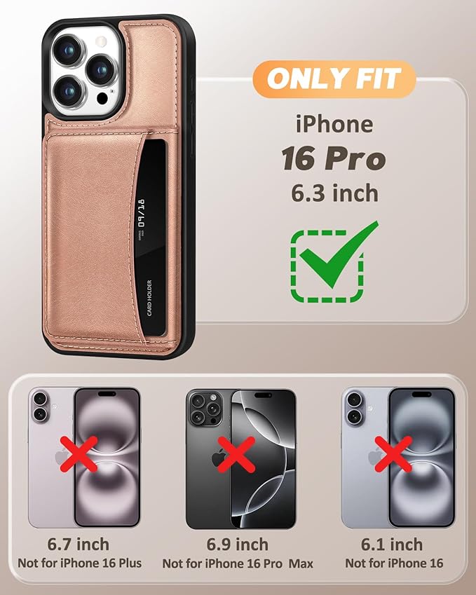 for iPhone 16 Pro Case with Wallet - Fits 4 Card Slots, Compatible with MagSafe for Women Aesthetic Durable PU Leather Credit Card Holder Kickstand Phone Cover for Apple 16 Pro, Rose Gold