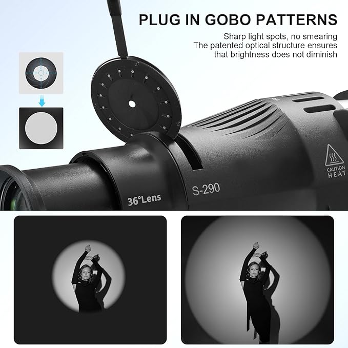 WELLMAKING Profoto Mount Optical Snoot Conical S-290 Kit. Adjustable Focus, 36° Lens, Aperture Modifier, 4 Color Filters, and 12 Gobos; for Photography, LED and Strobe Light, Studio Video Artist