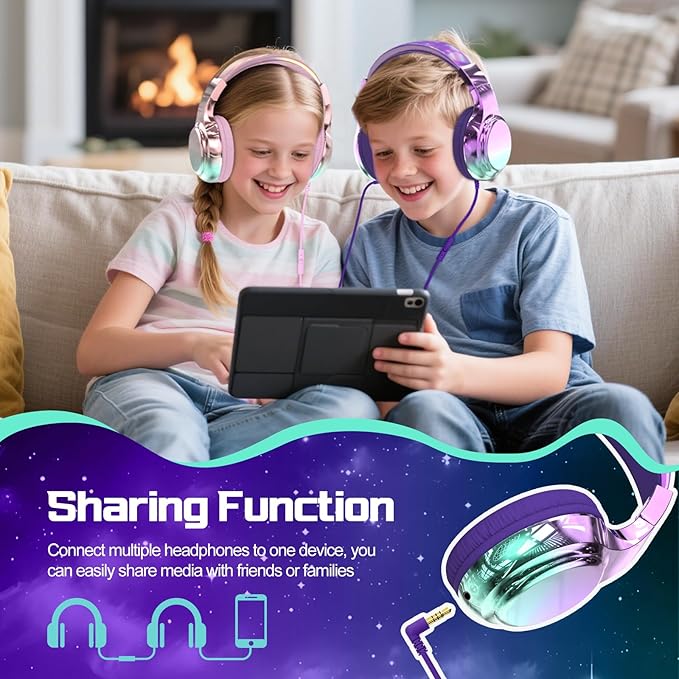 QearFun Kids Headphones Wired with Mic, 85/94dB Safe Volume Limit, Foldable Over Ear, Tangle-Free Cord & Sharing Port, Wired On-Ear Headset for School, Chromebook, Tablet, Travel - Boys & Girls