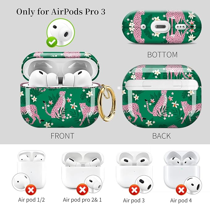 for AirPods Pro 3 Case, Compatible with AirPods Pro 3rd Generation Case (2025), Shockproof Protective Cover with Golden Carabine (Boho Pink Leopard)