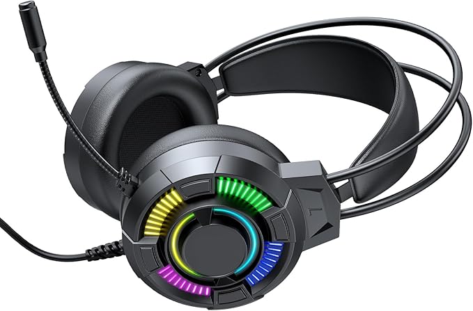 RGB Lighting USB Wired Over Ear Gaming Headset, 50mm Drivers 7.1 Surround Sound Headphones, Lightweight Ergonomic Design Headset with Soft Ear Cushions, Ideal for PC