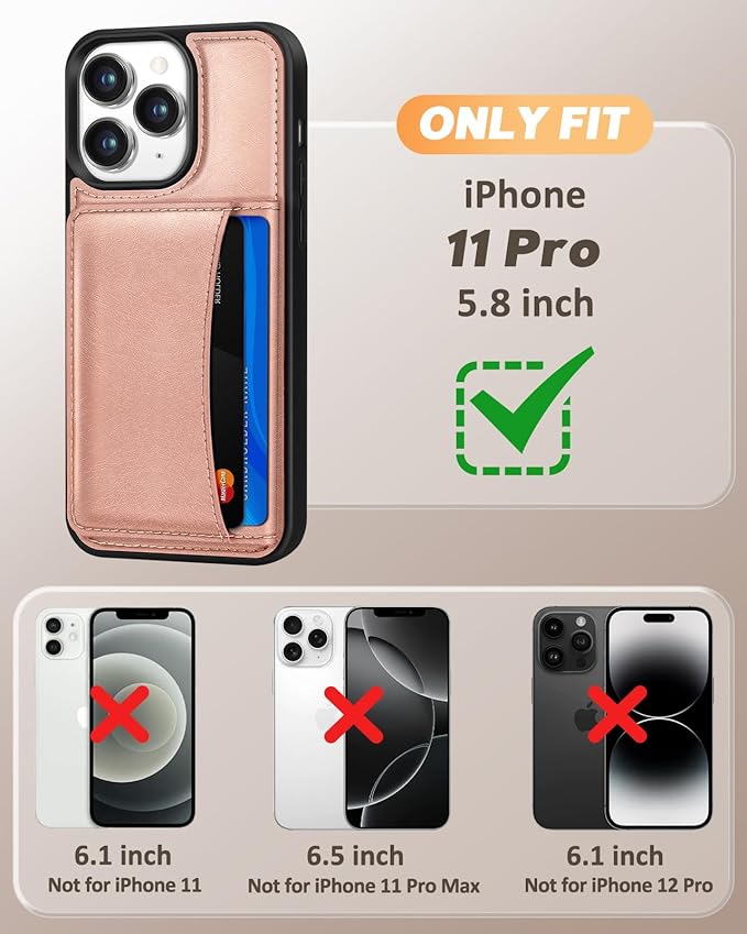 for iPhone 11 Pro Case with Wallet - Fits 4 Card Slots, Compatible with MagSafe for Women Aesthetic Durable PU Leather Credit Card Holder Kickstand Phone Cover for Apple 11 Pro, Rose Gold