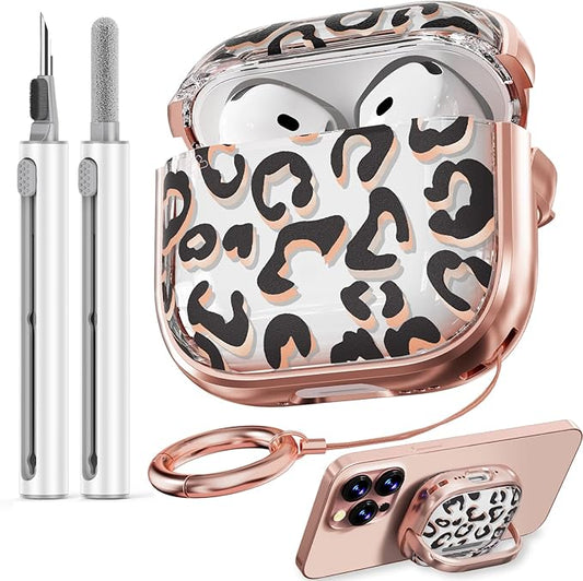 Inesore with Safety Lock for AirPods 4 Case,Clear Floral Cute AirPod 4th Generation Case for Women Girly with Cleaner Kit and Keychain-Black+Gold Leopard Print