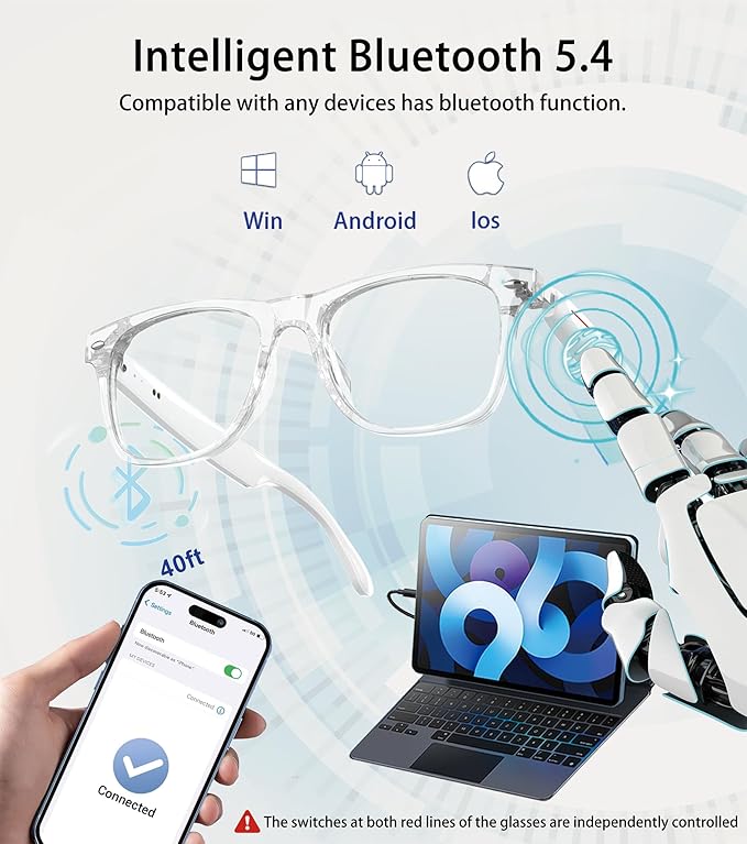 Smart Glasses for Men & Women, Built-in Mic & Speakers Bluetooth Audio Glasses, Blue Light Filter & Polarized UV 400 Protection Lenses Open-Ear Bluetooth Glasses for Android iOS, White