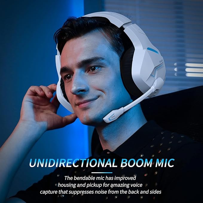 BINNUNE Wireless Gaming Headset for PS5 PC, 120H Ultra-Long Battery, 2.4GHz & Bluetooth 5.3 Wireless Headphones with Noise Canceling Mic, 50mm Drivers, Comfort Over Ear Gaming Headphones,White